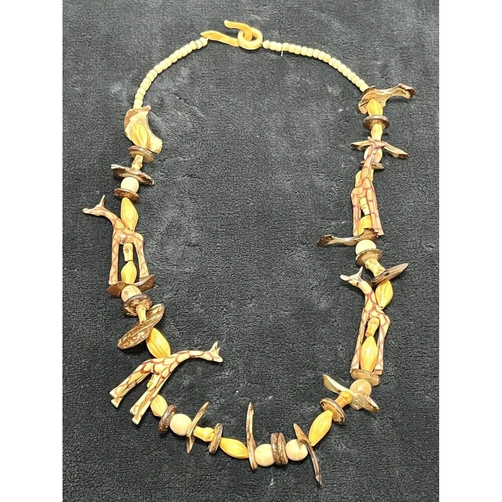 Vintage African Fetish Giraffe Bohemian Statement Handcrafted Wood Necklace